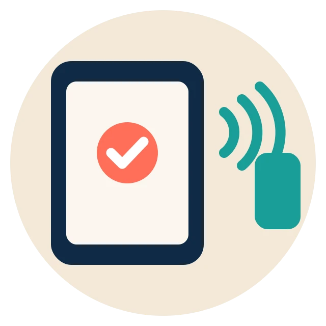 A phone tapping an iPad check-in screen at the door