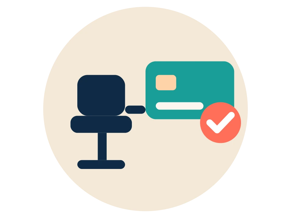 An empty barber chair next to a payment card with a check mark